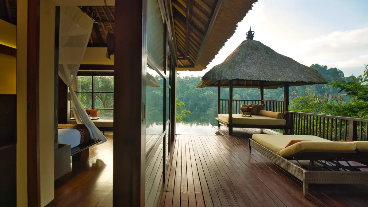 luxury villa interior opening to jungle view Ubud Bali calm immersive stay