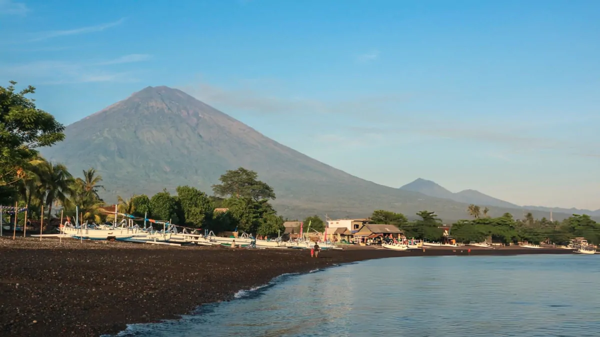 Amed Bali black sand beach Mount Agung quiet coastal peaceful location