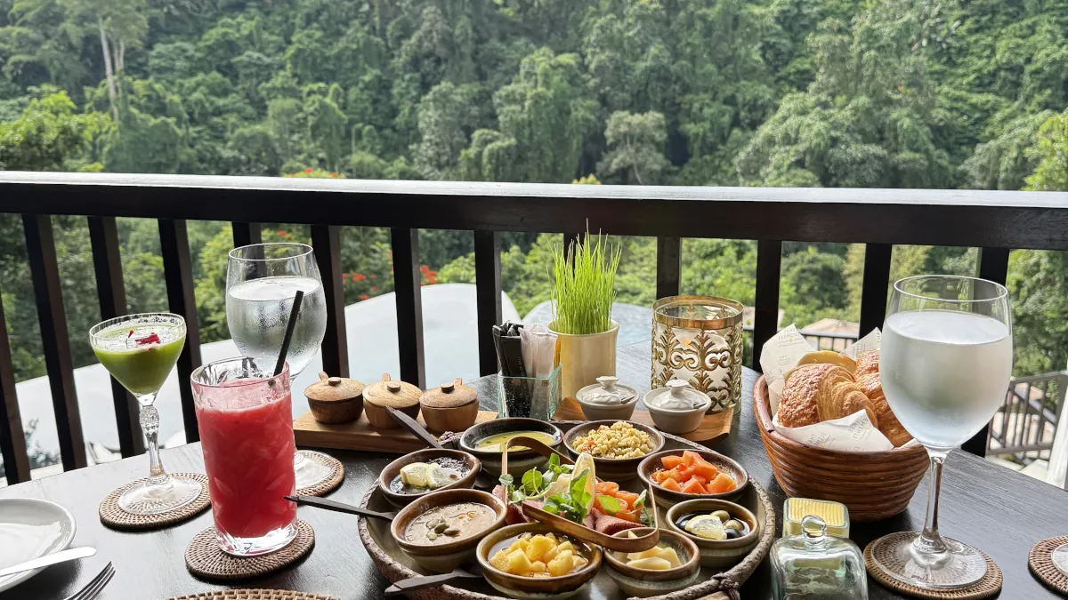 Luxury breakfast overlooking the rainforest in Ubud Bali
