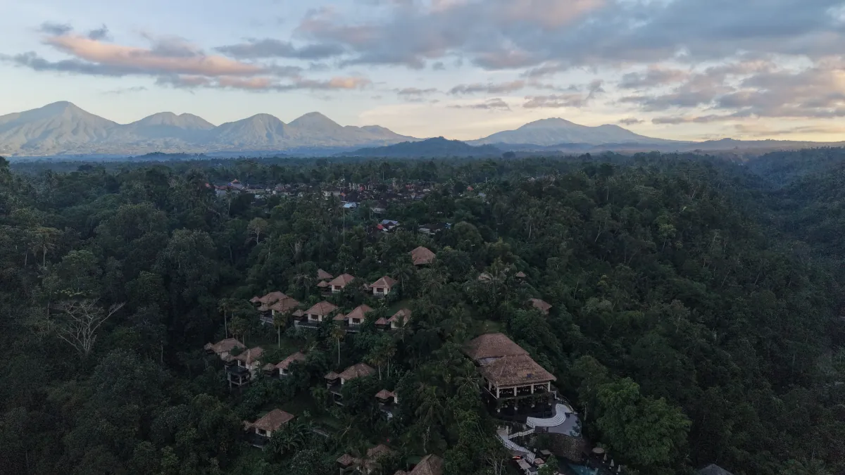 Morning mist over the rainforest and Ayung River in Ubud Bali